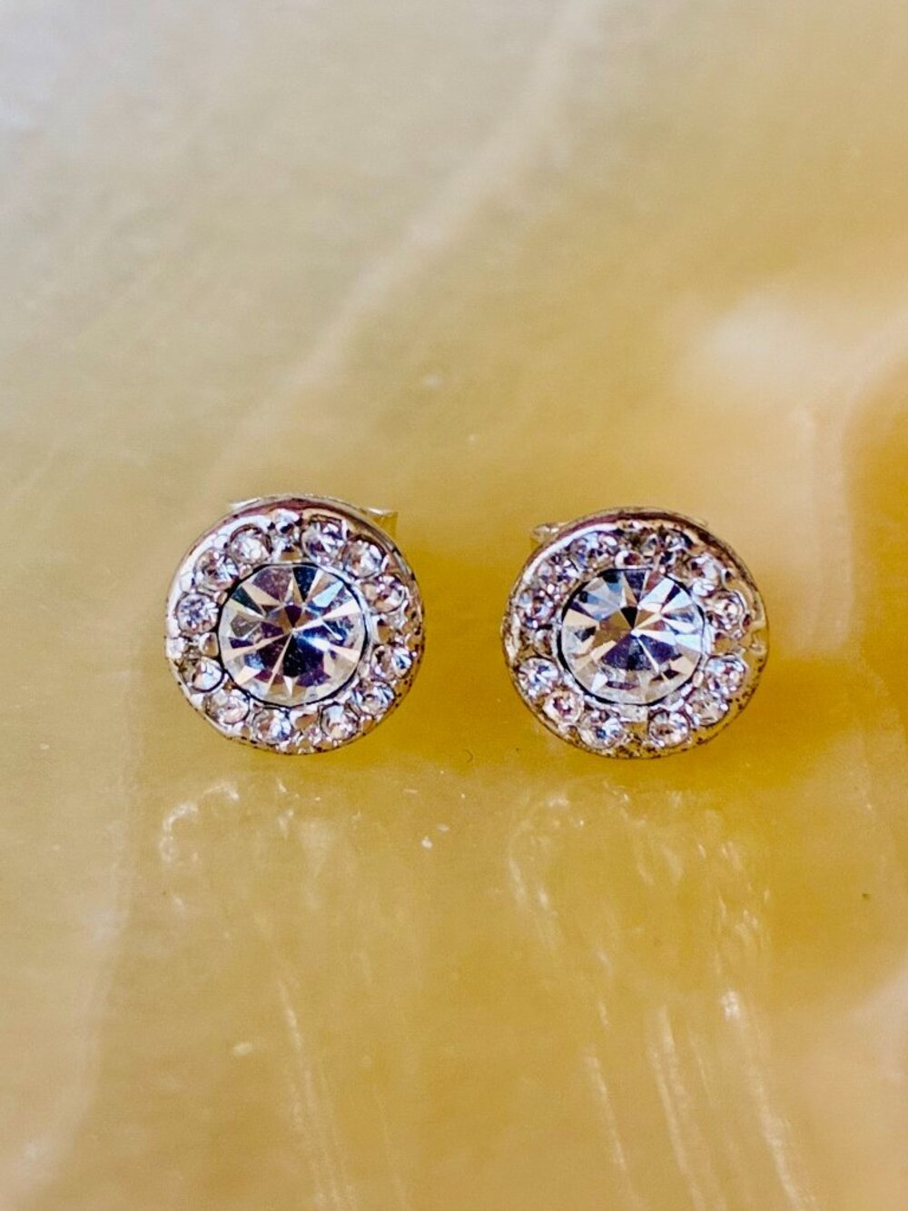 Silver Tone Clear Rhinestone Halo Stud Earrings